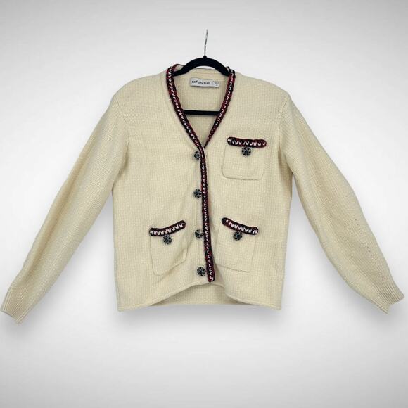 Self-Portrait Embellished Ivory Metallic Braided Knit Cardigan Sweater Sz Medium - Picture 3 of 14